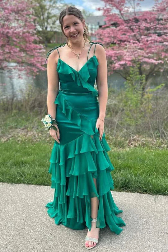 Emerald Green V-Neck Ruffle Long Prom Dress with Slit,AST1241