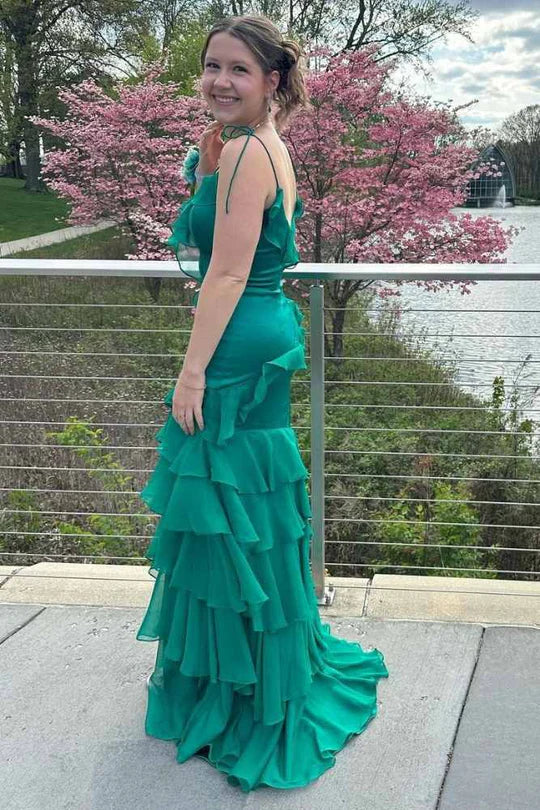 Emerald Green V-Neck Ruffle Long Prom Dress with Slit,AST1241