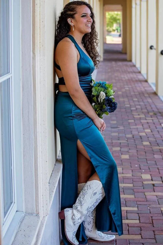 Blue Halter High Slit Tight Long Dress with Lace-Up,AST1235