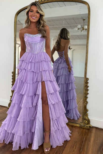 Gorgeous A Line Strapless Daffodil Tiered Chiffon Prom Evening Dresses with Hot Stone