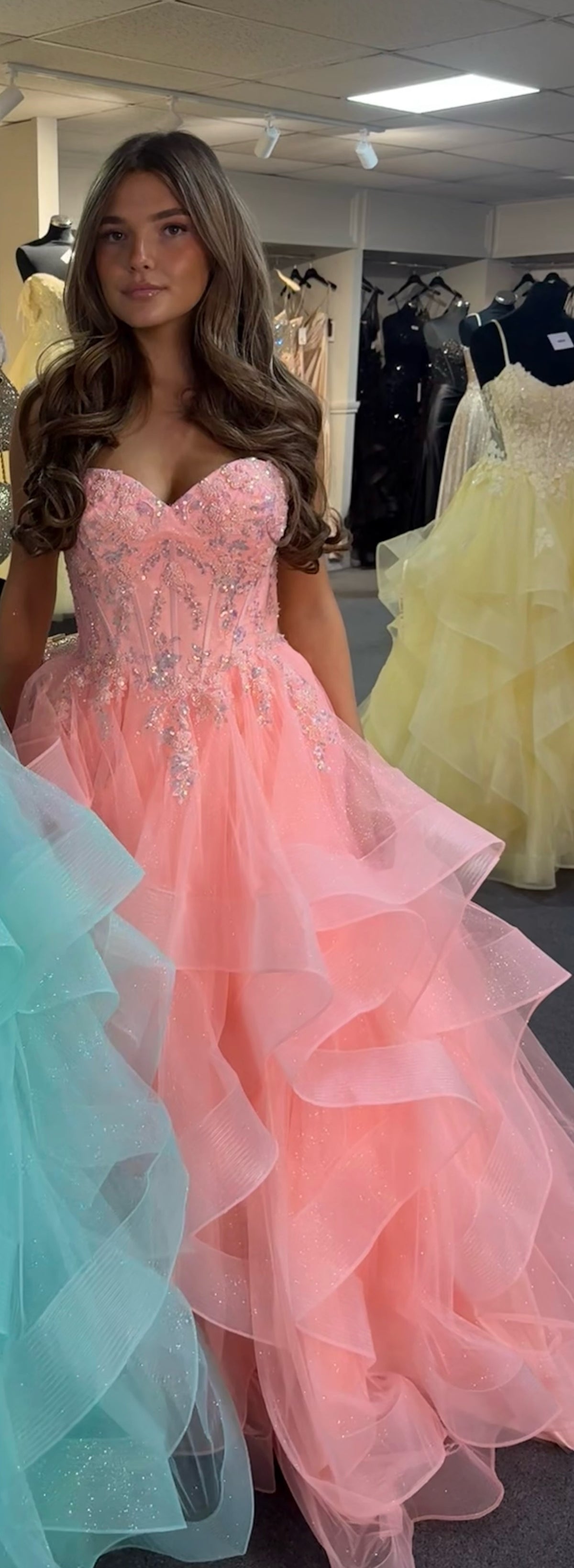 Spaghetti Straps Appliques Ruffle Sparkle Prom Dresses