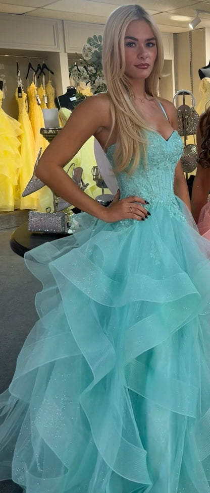 Spaghetti Straps Appliques Ruffle Sparkle Prom Dresses