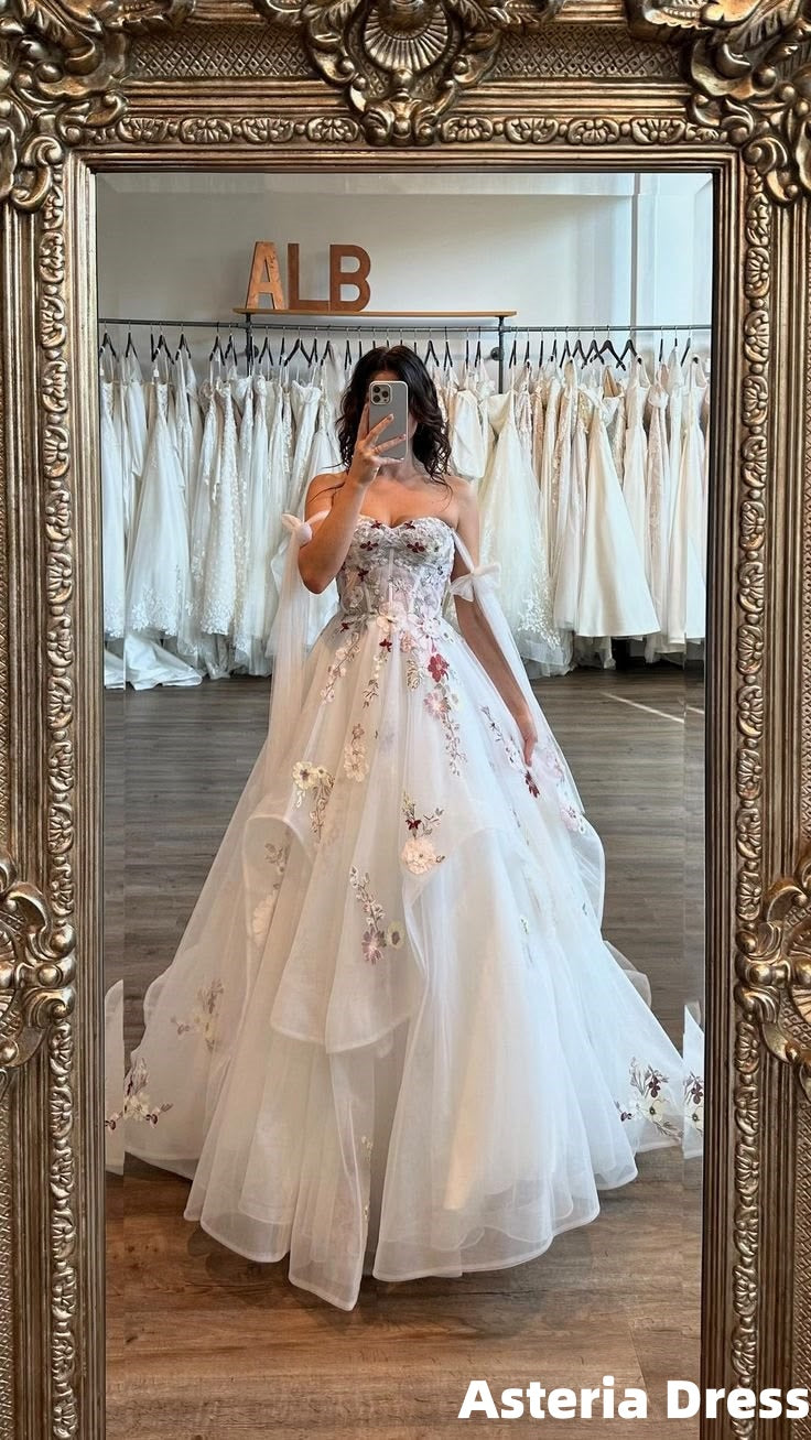 Off The Shoulder White Floral A-Line Long Prom Dress With Train