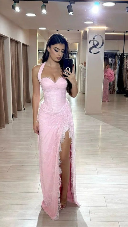 Beautiful Pink Sweetheart Halter Sleeveless Lace Prom Dress Mermaid With Side Split,AST2304