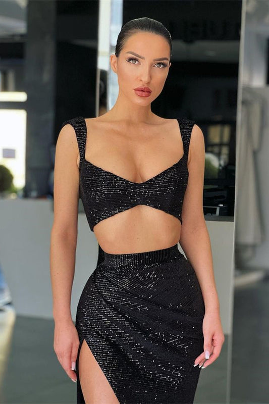 Black Two Pieces Mermaid Straps Sequin Prom Dress with High Slit