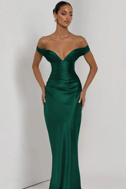 Simple Dark Nvay Off-the-Shoulder Prom Dress Sleeveless Slimming Satin