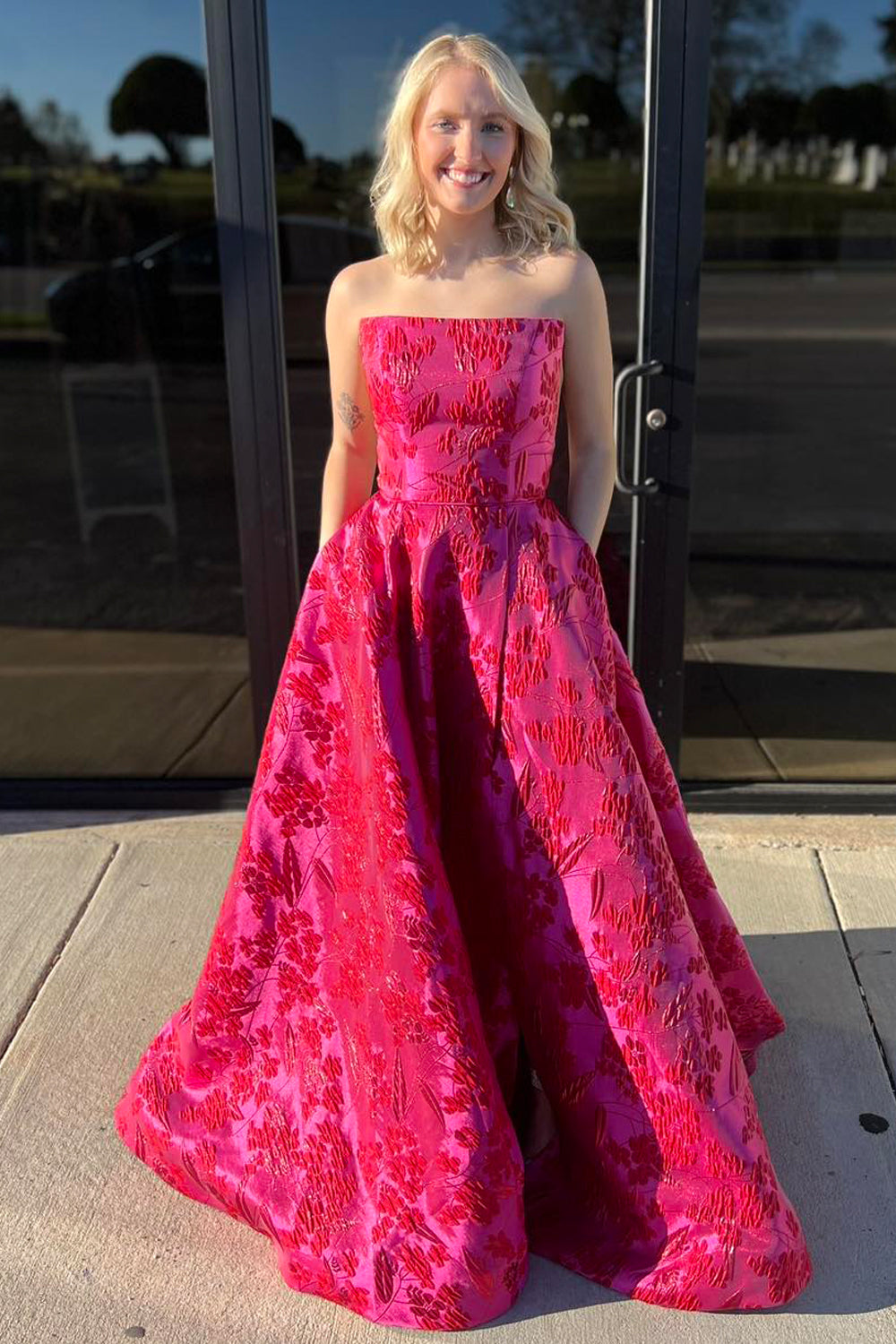 Cute Ball Gown Strapless Jacquard Satin Red Long Prom Dress with Pockets