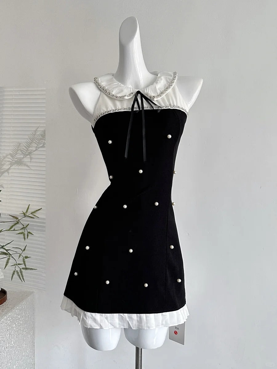 Sweet Black Baby Doll Collar Pearl Satin A-line 17th Birthday Homecoming Dress