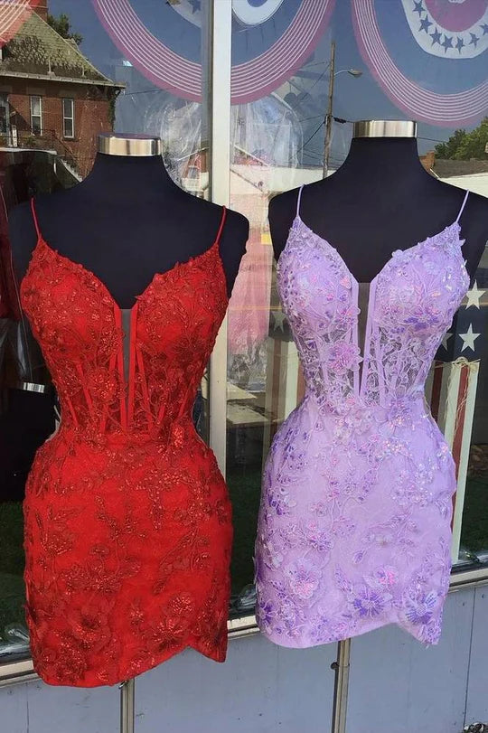 Red Spaghetti Straps Applique Tight Homecoming Dress, AST1157