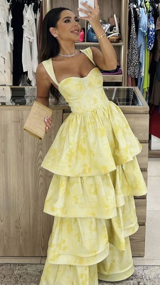 Charming Yellow Floral Long Prom Dresses 2026 School Graduation Dress Ruffle Party Gown,AST2093
