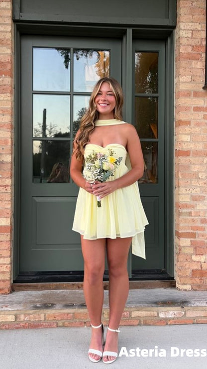 Sweetheart Yellow Chiffon Mini Homecoming Dresses With Neck Belt