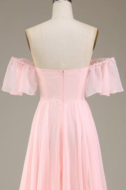Dazzling Blush Pink Off-the-shoulder Comfortable Flowy Prom Dress