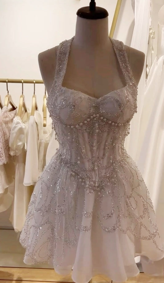 Luxury White Beaded Homecoming Dresses Halter A-Line Graduation Dress,AST1979