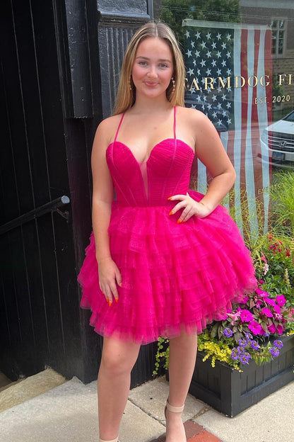 Straps Fuchsia Tulle Ruffle A-line Short Party Dress  Homecoming Dress, AST1143