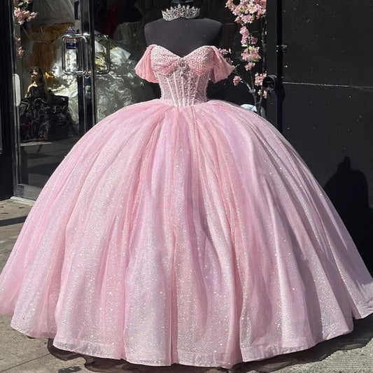 Glitter Pearls Pink Quinceanera Dresses Ball Gowns Sweet 15 16 Birthday Dress, AST1310