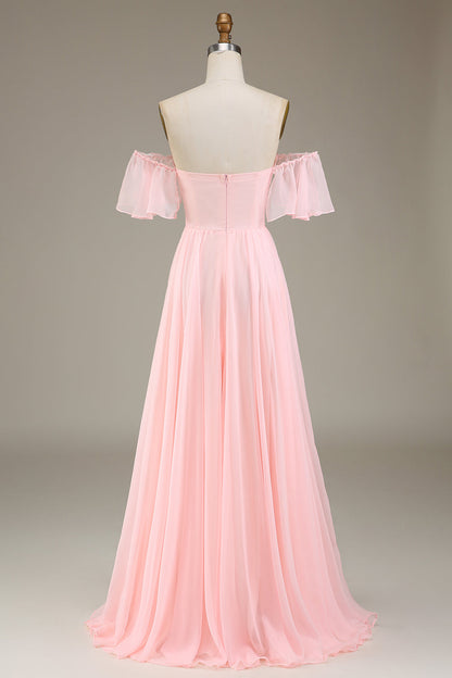 Dazzling Blush Pink Off-the-shoulder Comfortable Flowy Prom Dress
