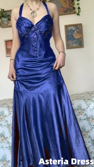 Halter A-Line Satin Long Prom Dress Vintage Formal Party Dress
