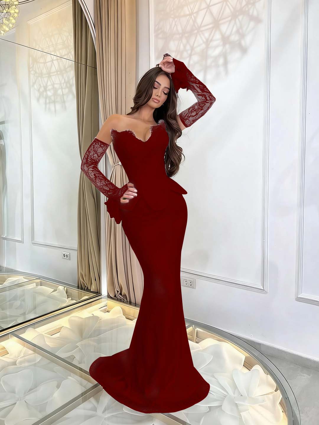 Enchanting Burgundy Sleeveless Prom Dress Mermaid Applique with Lace Gloves