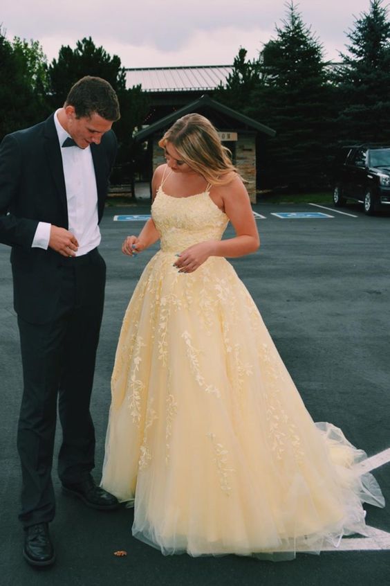Hot Yellow Tulle Lace Long Prom Dress - Party Evening Gown