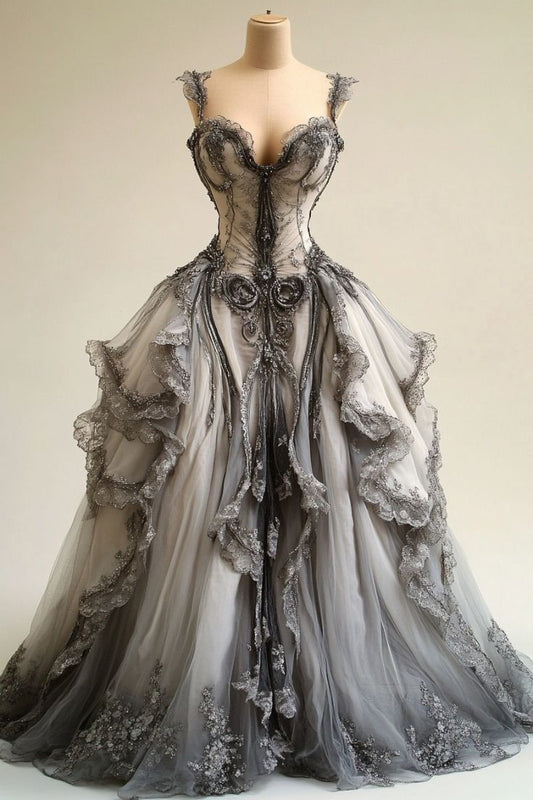 Grey V-neck Lace Tulle Long Ball Gown, Vintage Formal Dress
