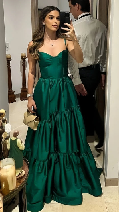 A-Line Green Satin Long Prom Dresses, AST1564