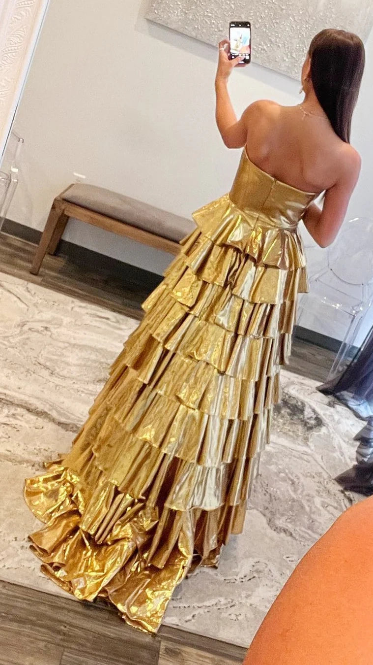 Gold A-Line Metallic Empire-Waist Party Dresses, Sweetheart Ruffle Tiered Long Prom Dress,AST2192