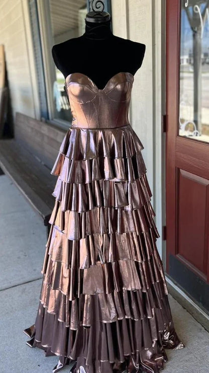 Gold A-Line Metallic Empire-Waist Party Dresses, Sweetheart Ruffle Tiered Long Prom Dress,AST2192