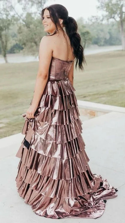 Gold A-Line Metallic Empire-Waist Party Dresses, Sweetheart Ruffle Tiered Long Prom Dress,AST2192