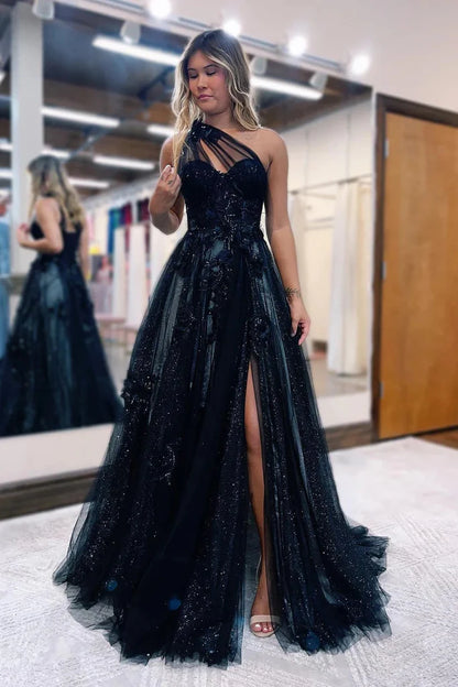 A-Line One Shoulder Black 3D Lace Appliques Long Prom Dress,AST1278