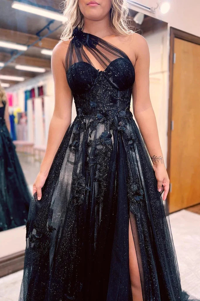 A-Line One Shoulder Black 3D Lace Appliques Long Prom Dress,AST1278