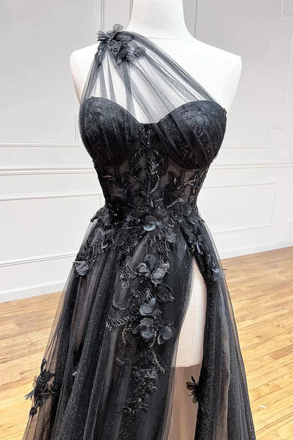 A-Line One Shoulder Black 3D Lace Appliques Long Prom Dress,AST1278