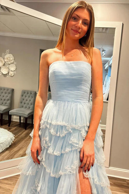 A Line Strapless Glitter Tulle Prom Dress with Layered Ruffle Skirt and Sequin Trim