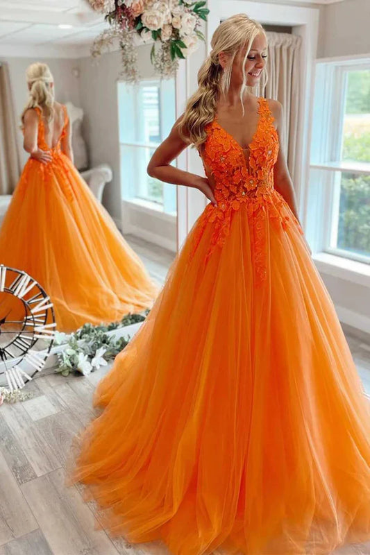 A-Line Tulle Floral Orange Prom Dresses Long Birthday Dress,AST940