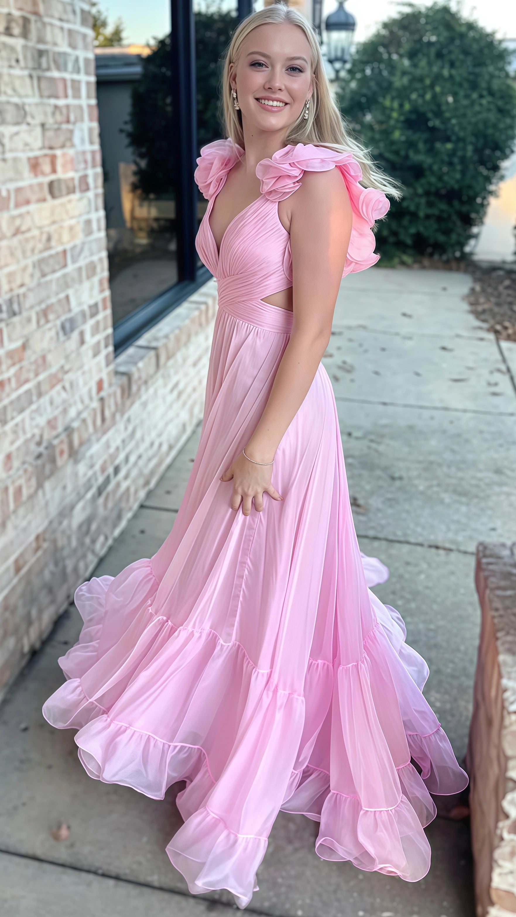 A-Line Orange Prom Dresses With Ruffle Cap Sleeves, V-Neck Senior Prom ...