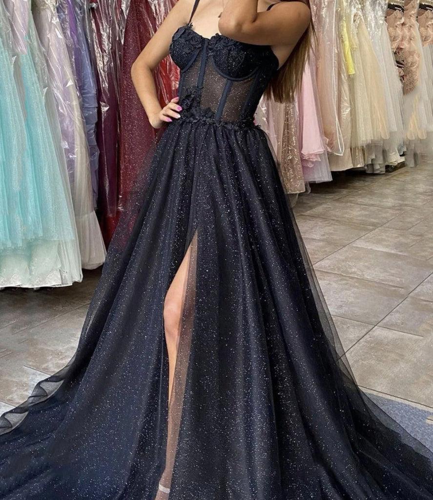 A-line Black Tulle Sweetheart Long Prom Dress Split Dress,AST1251