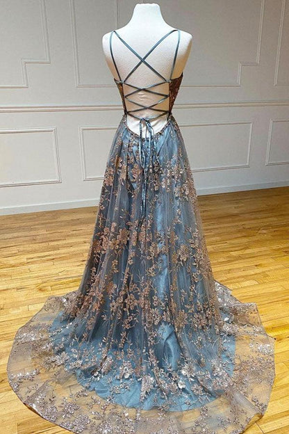 A-line Tulle Straps Sequins Lace Prom Dress Split Evening Dress,AST1227