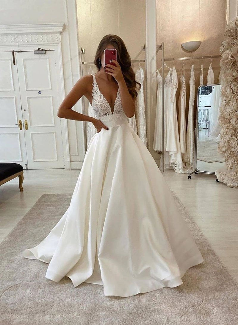 White v neck satin lace long prom dress evening dress
