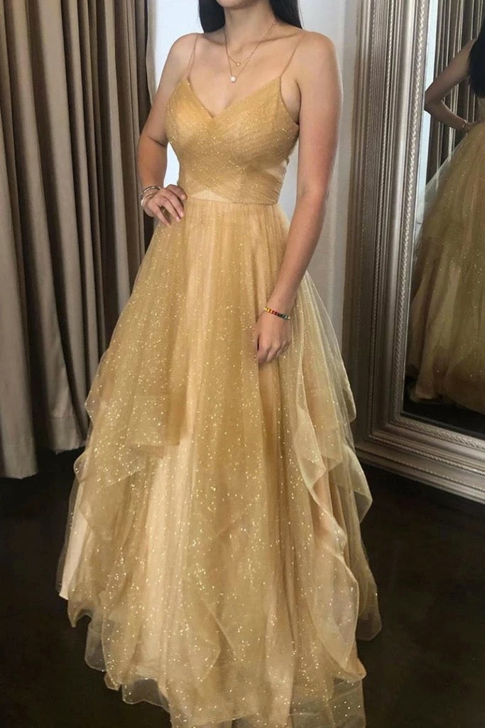 Gold Champagne Tulle Prom Dress - V-Neck Open Back Spaghetti Straps Gown