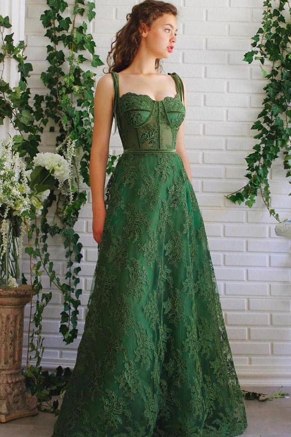 A Line Dark Green Lace Prom Dresses Spaghetti Straps Neck Formal Dress,AST1239