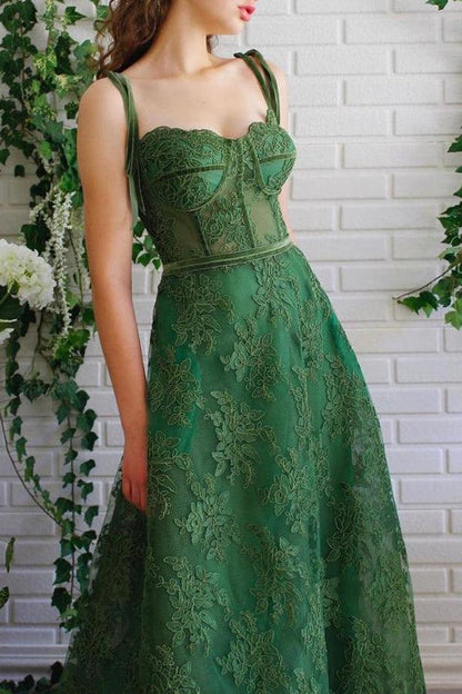 A Line Dark Green Lace Prom Dresses Spaghetti Straps Neck Formal Dress,AST1239