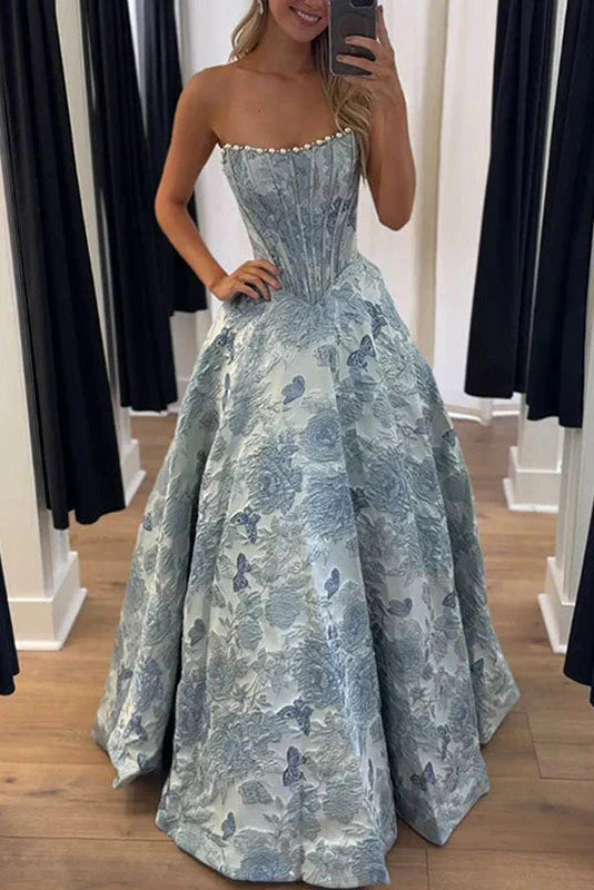 Stunning A Line Scoop Neck Jacquard Satin Long Prom Dress with Pearls