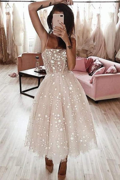 A Line Spaghetti Strap Tea Length Pearl Pink Homecoming Dress With Beading, AST1166