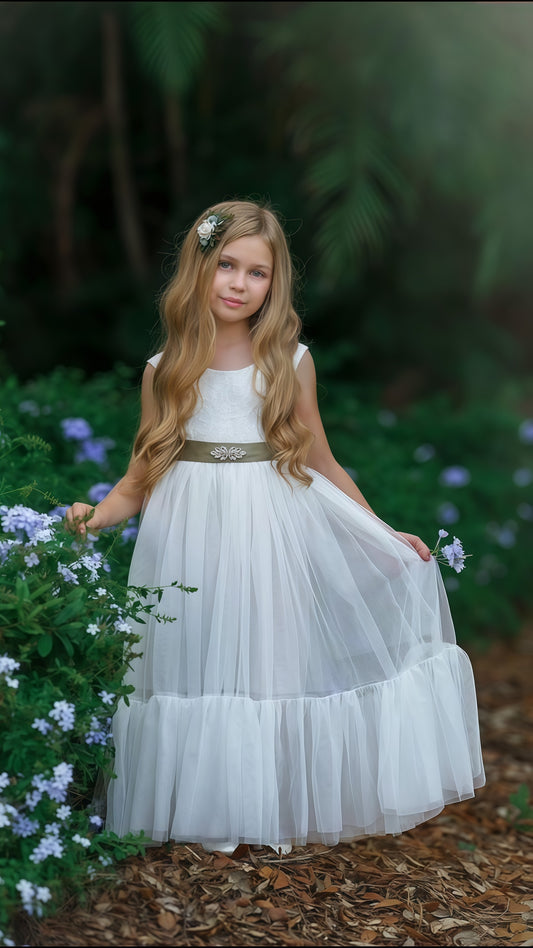 Adorable White Lace Tulle Flower Girls Dress,AST1651