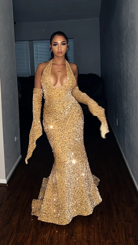 Arab Style Elegant Sequin Bodycon Prom Dresses Halter Evening Party Dress,AST2220