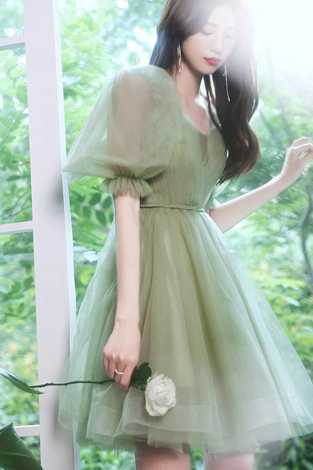 Avocado Green Short Puffy Sleeves Princess Party Dress Homecoming Dresses , AST1188