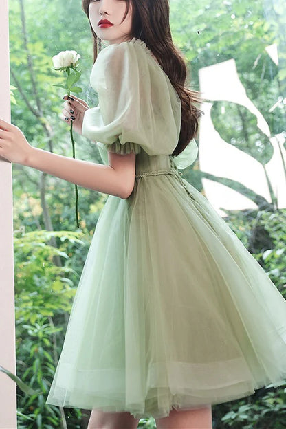 Avocado Green Short Puffy Sleeves Princess Party Dress Homecoming Dresses , AST1188