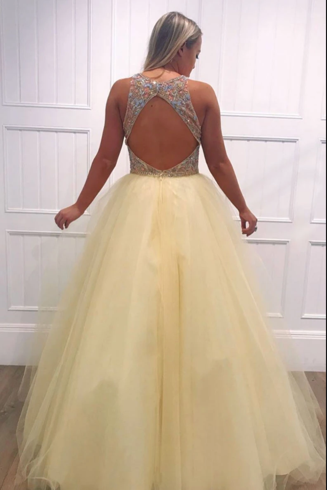 Yellow Tulle V-Neck Beaded Long Prom Dress - Elegant Evening Gown