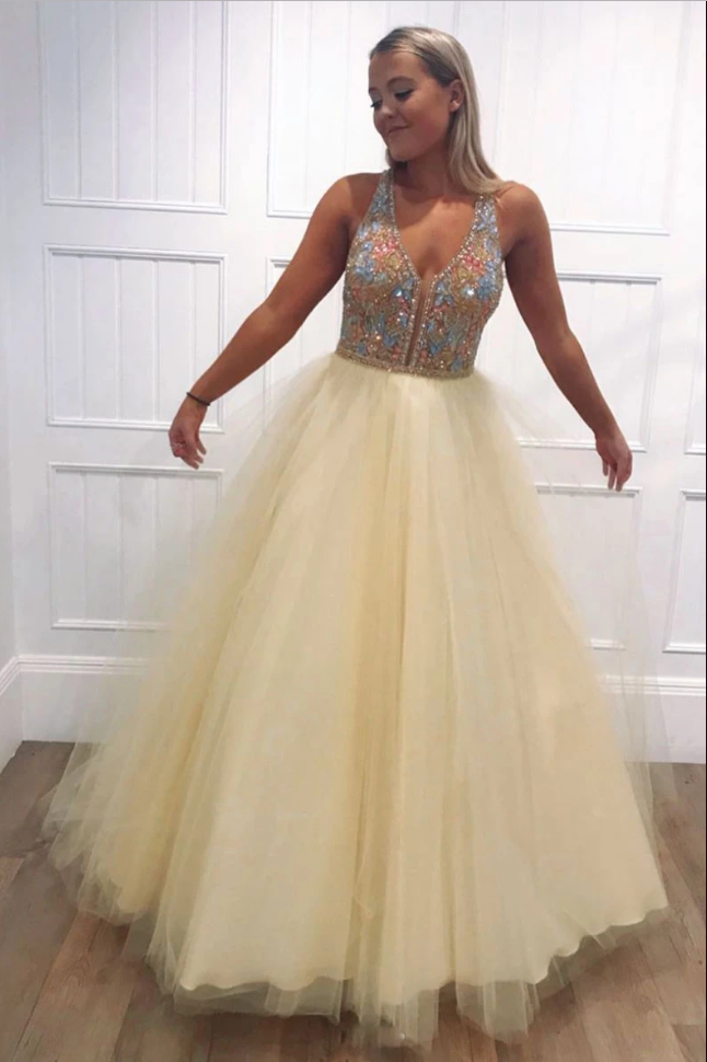 Yellow Tulle V-Neck Beaded Long Prom Dress - Elegant Evening Gown