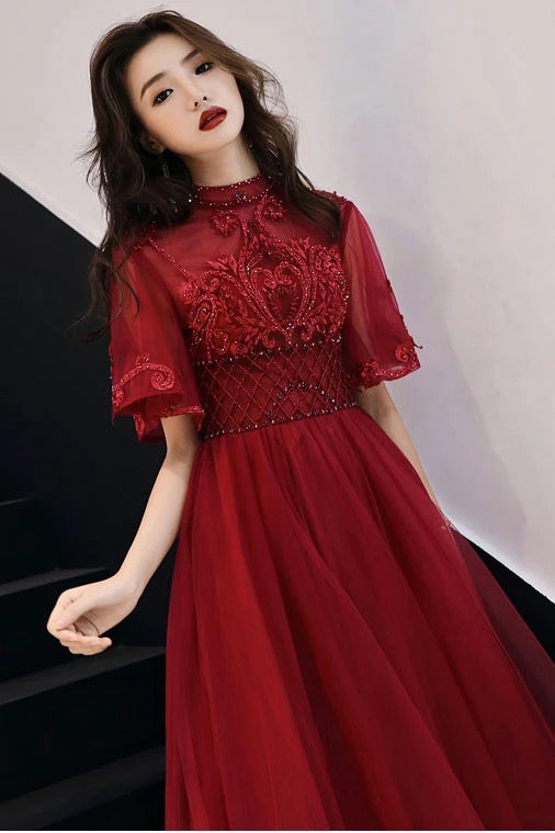 Burgundy Tulle Lace Mid Sleeve Long Prom Dress - Beaded Formal Gown