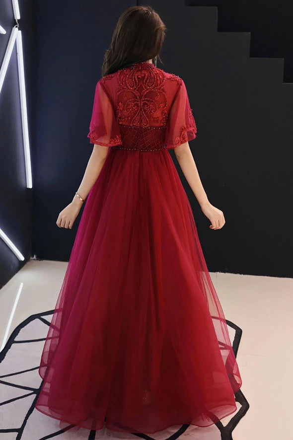 Burgundy Tulle Lace Mid Sleeve Long Prom Dress - Beaded Formal Gown